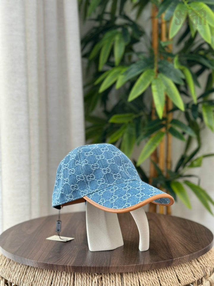 Gucci GG Canvas Baseball Hat with Leather Brim Beige Blue