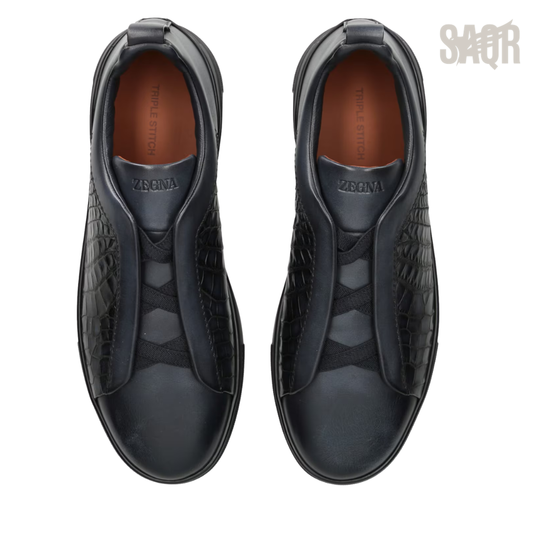Zegna Triple Stitch Crocodile-Panel Leather Sneakers – Black - View 2
