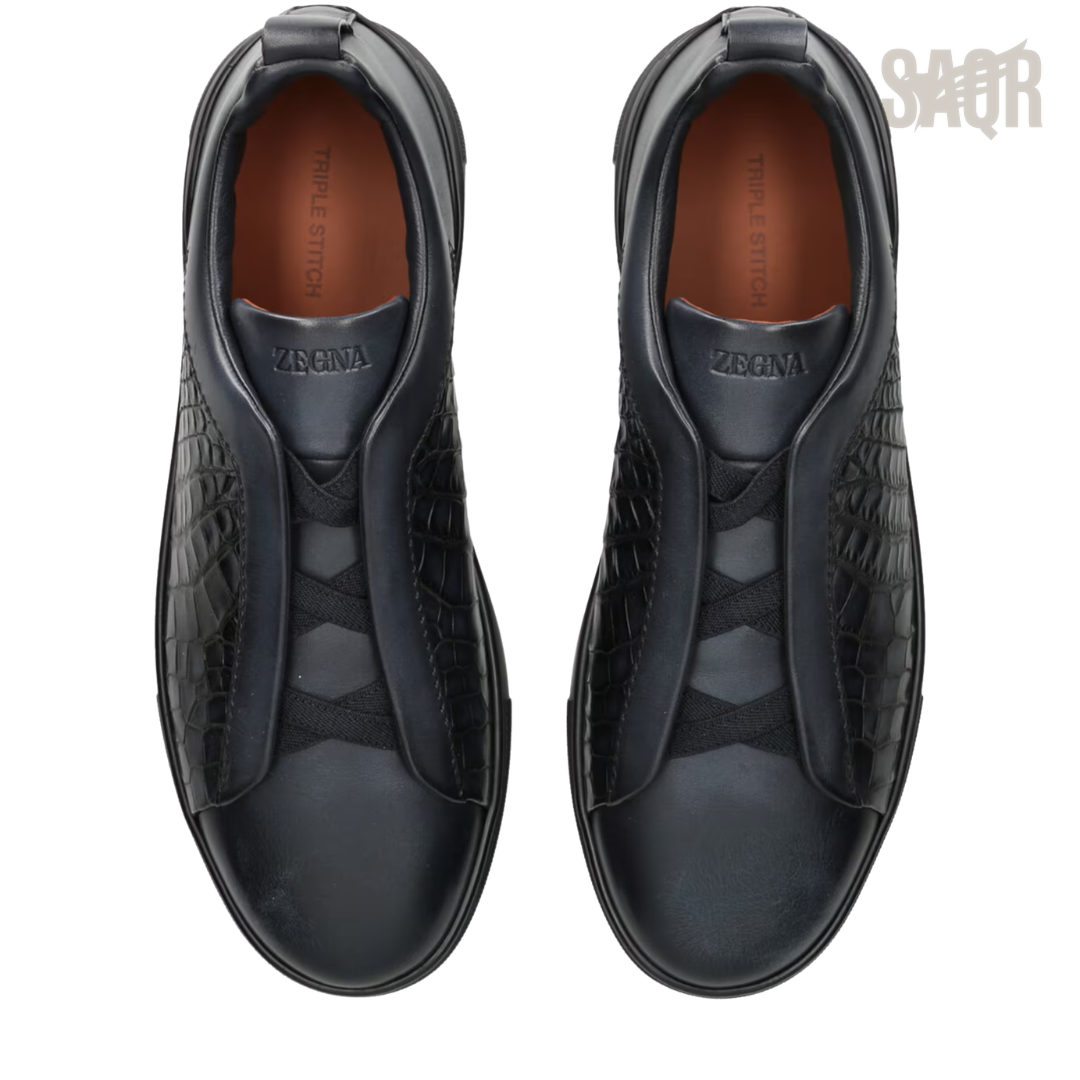 Zegna Triple Stitch Leather Low-Top Sneakers – Black - View 2