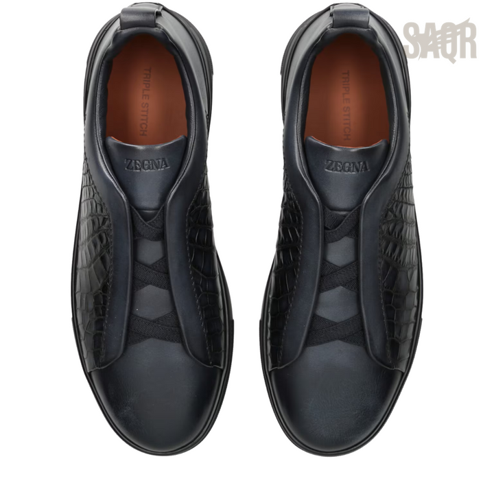 Zegna Triple Stitch Leather Low-Top Sneakers – Black - View 2