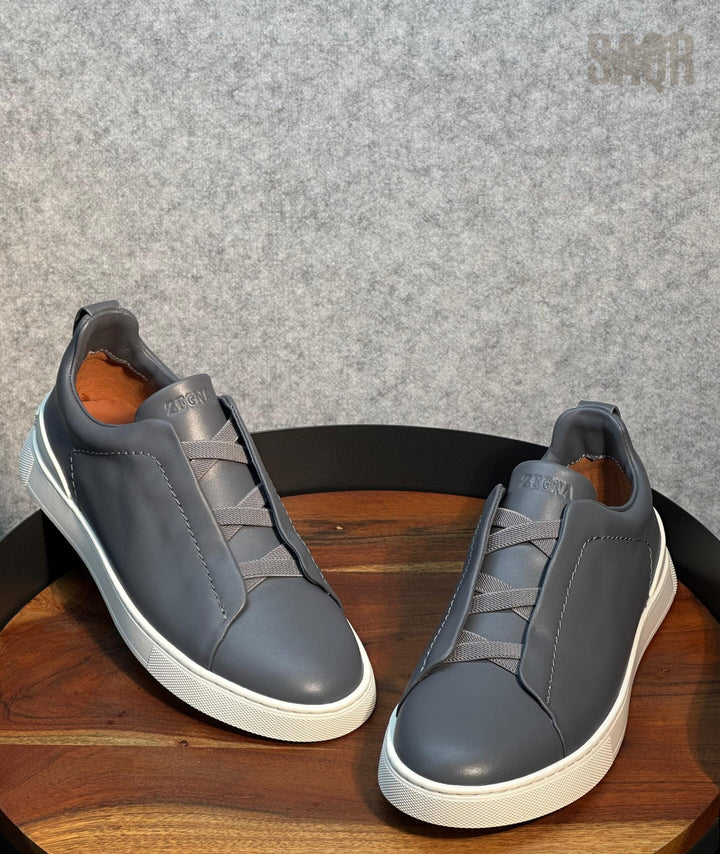 ZEGNA Triple Stitch™ Leather Sneakers – Slate Grey