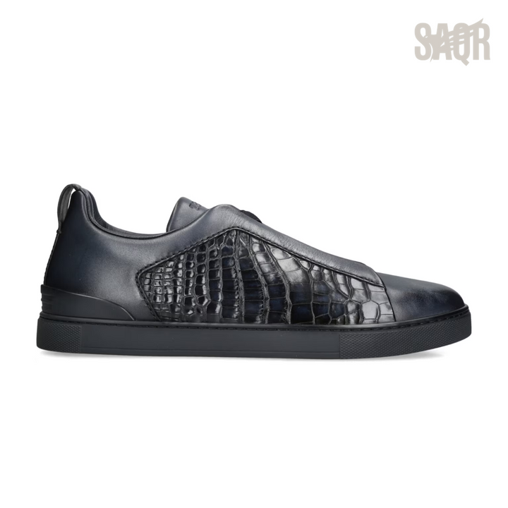 Zegna Triple Stitch Crocodile-Panel Leather Sneakers – Black - View 1