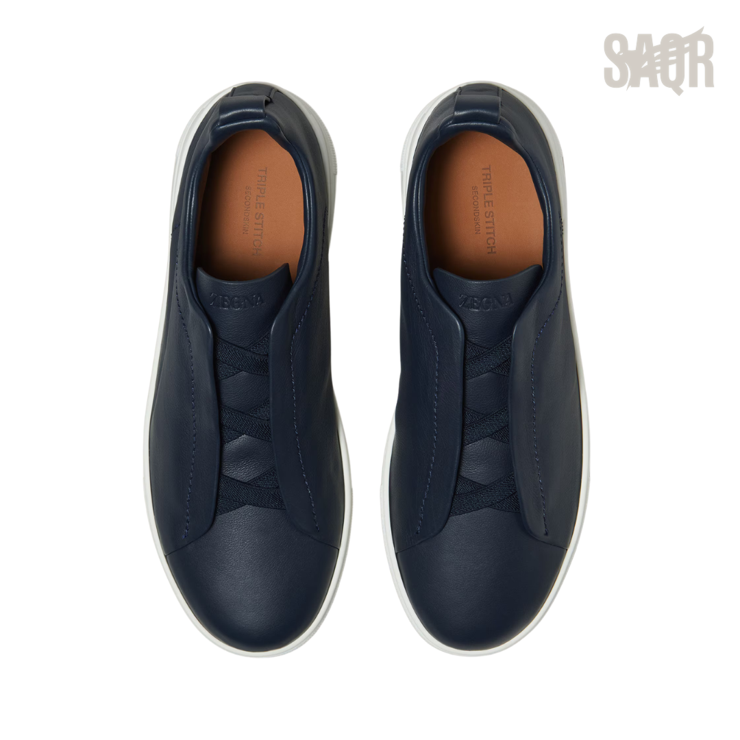 Zegna Triple Stitch Leather Slip-On Sneakers – Navy Blue - View 2