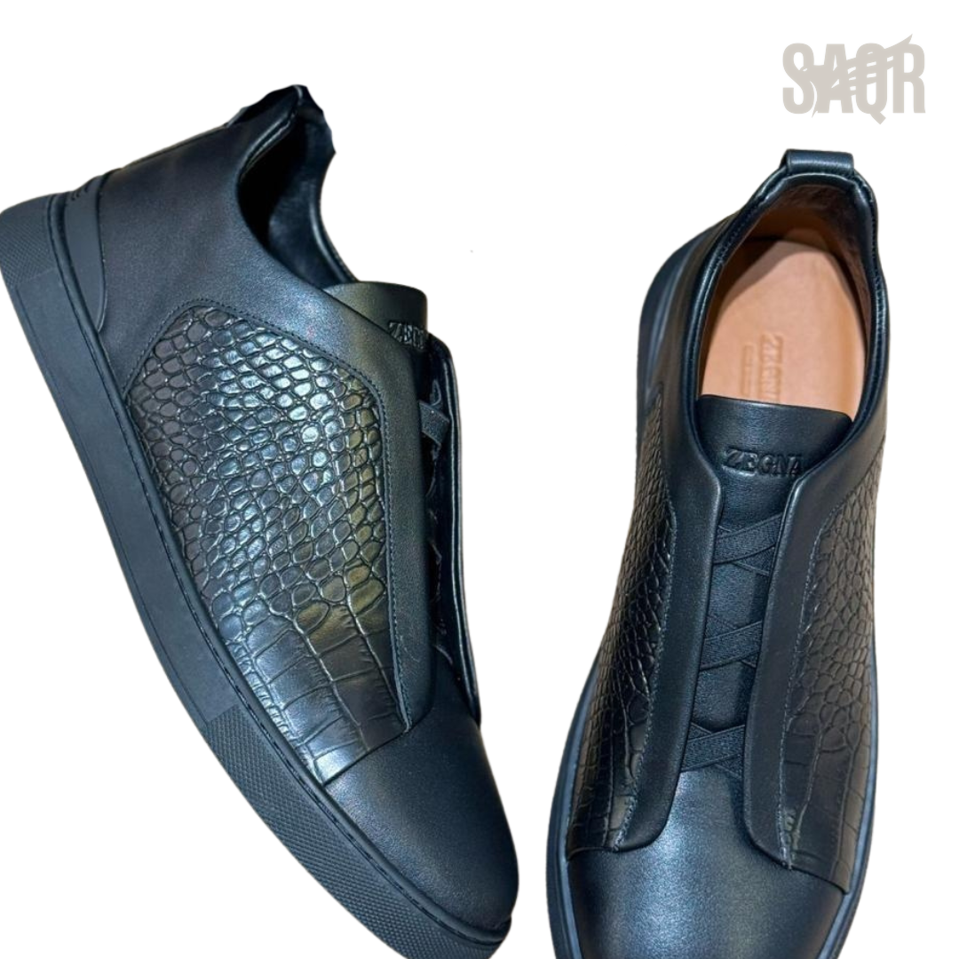 Zegna Triple Stitch Crocodile-Panel Leather Sneakers – Black - View 3