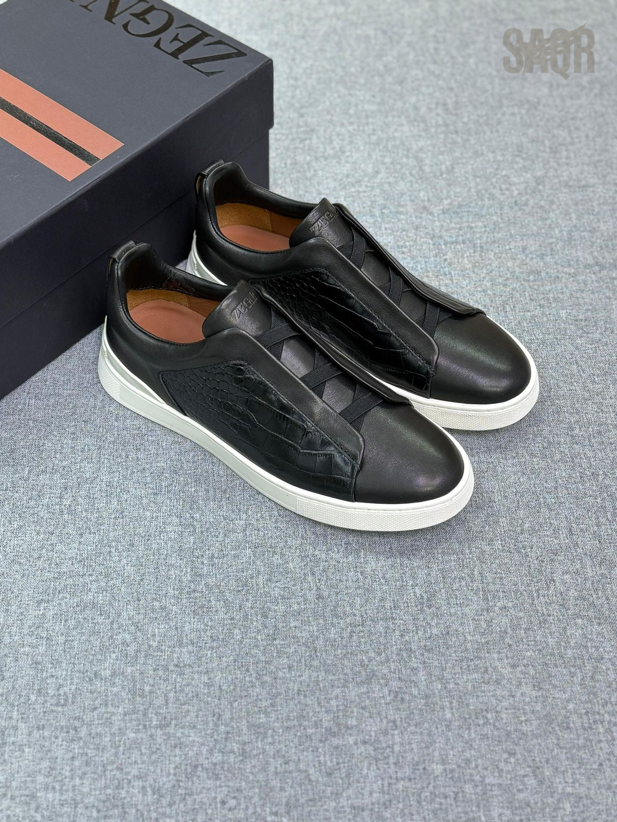 Zegna Croc-Embossed Lace-Panel Sneakers