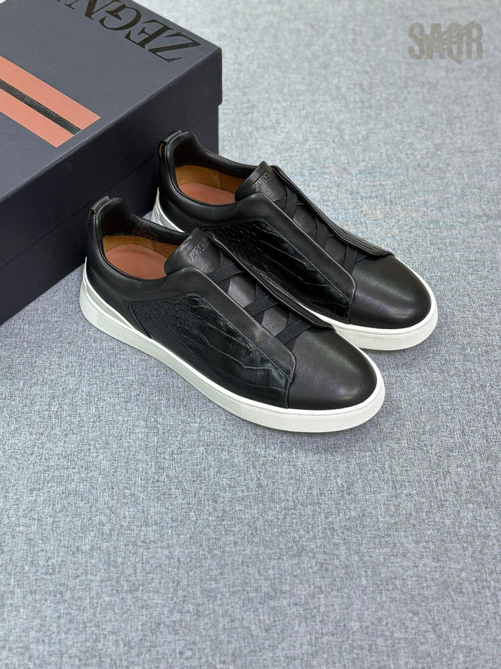 Zegna Croc-Embossed Lace-Panel Sneakers