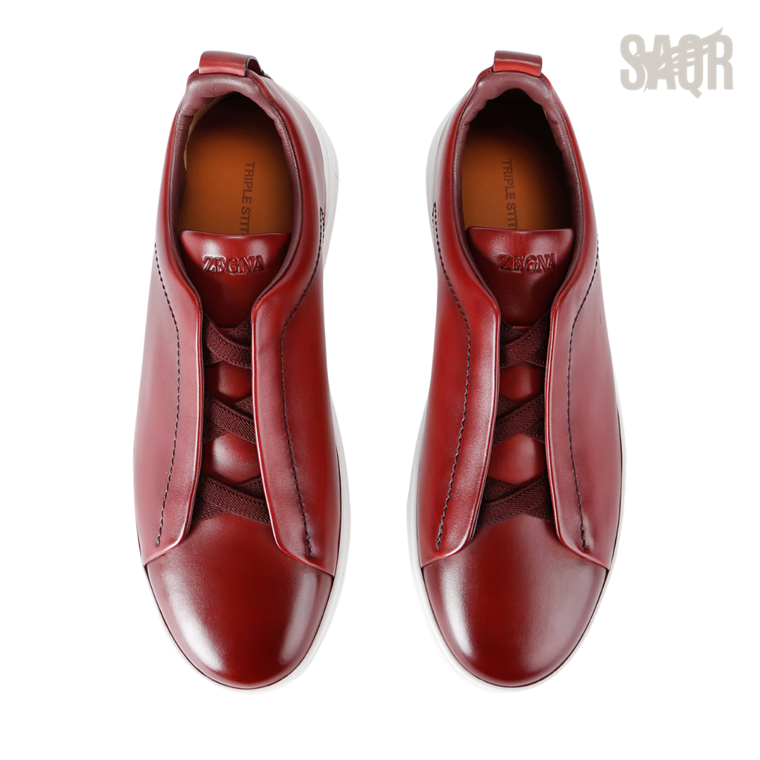Zegna Leather Triple Stitch Burgundy Sneakers - View 4