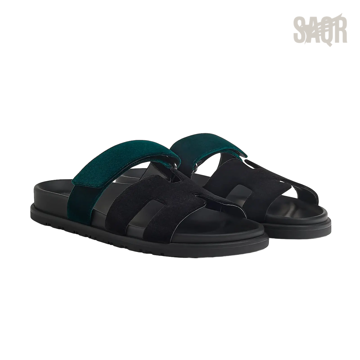 Hermès Chypre Sandals – Noir / Vert Mousse - View 1