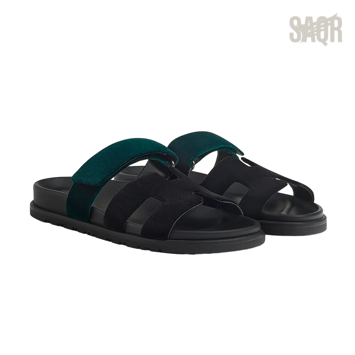 Hermès Chypre Sandals – Noir / Vert Mousse - View 1