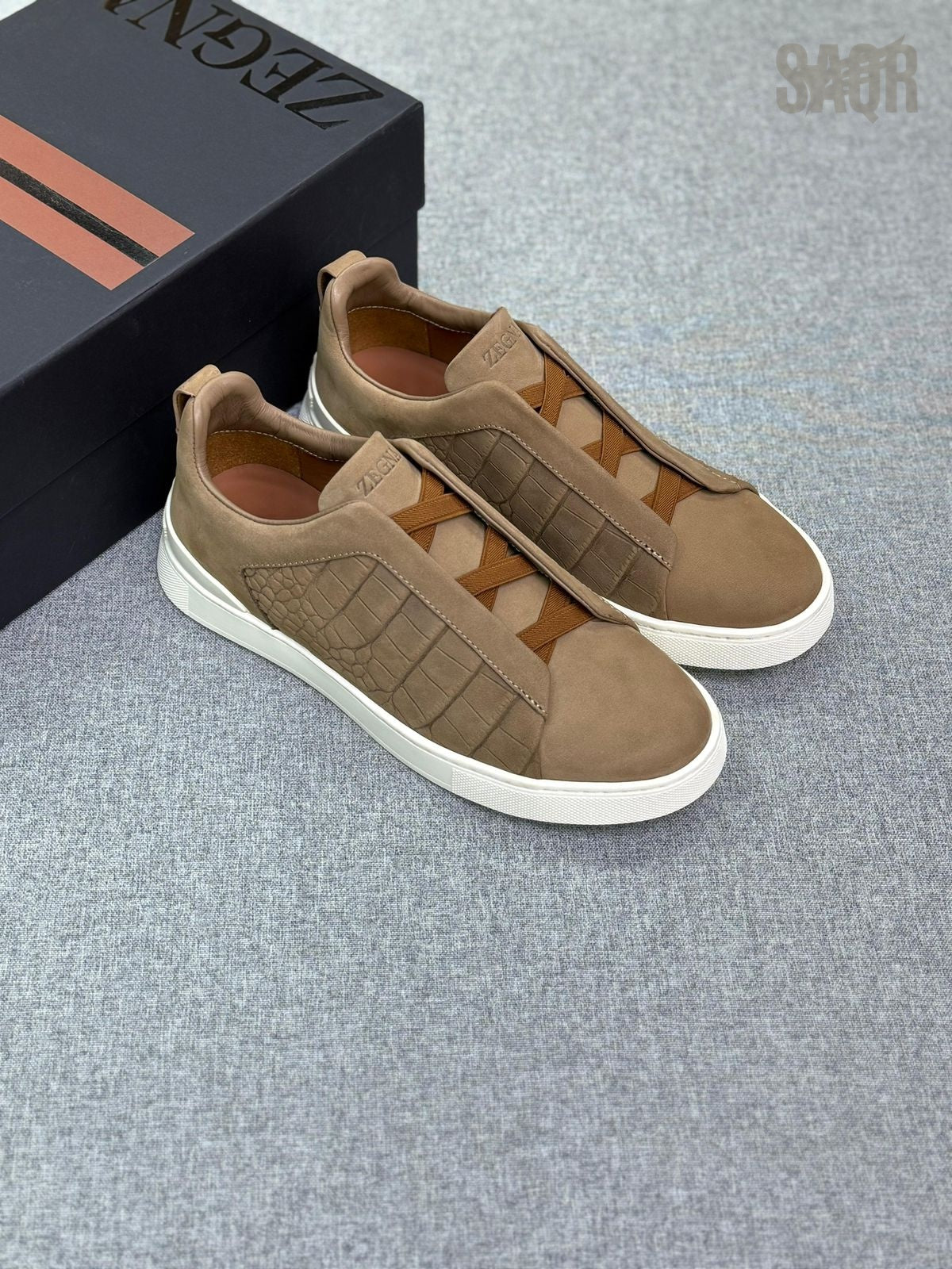 Zegna Croc-Embossed Suede Panel Sneakers