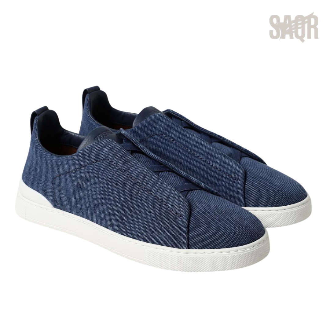 Zegna Triple Stitch Denim Blue Sneakers - View 4