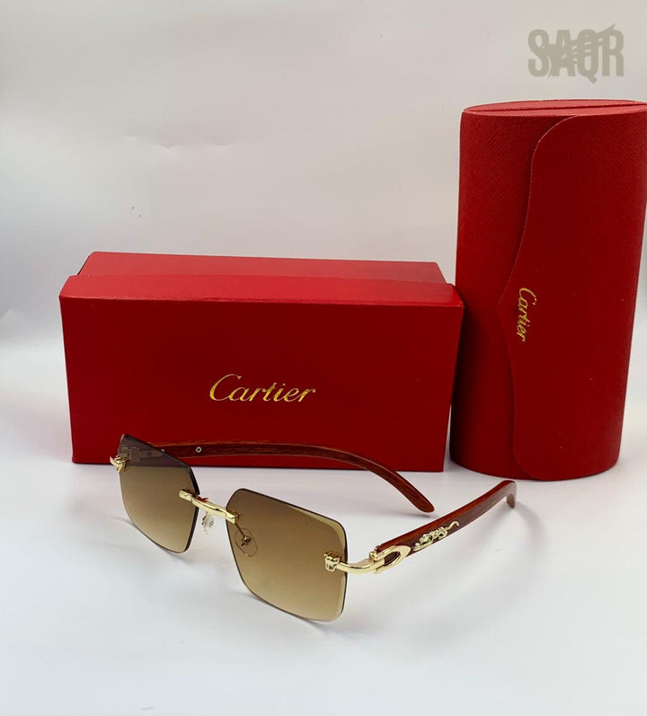 Cartier Panthère de Cartier Rimless Sunglasses (Gold/Wood/Black)