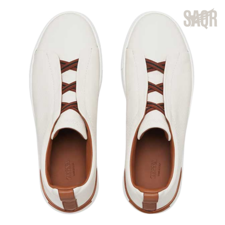 Zegna Triple Stitch Sneakers – White & Brown - View 2