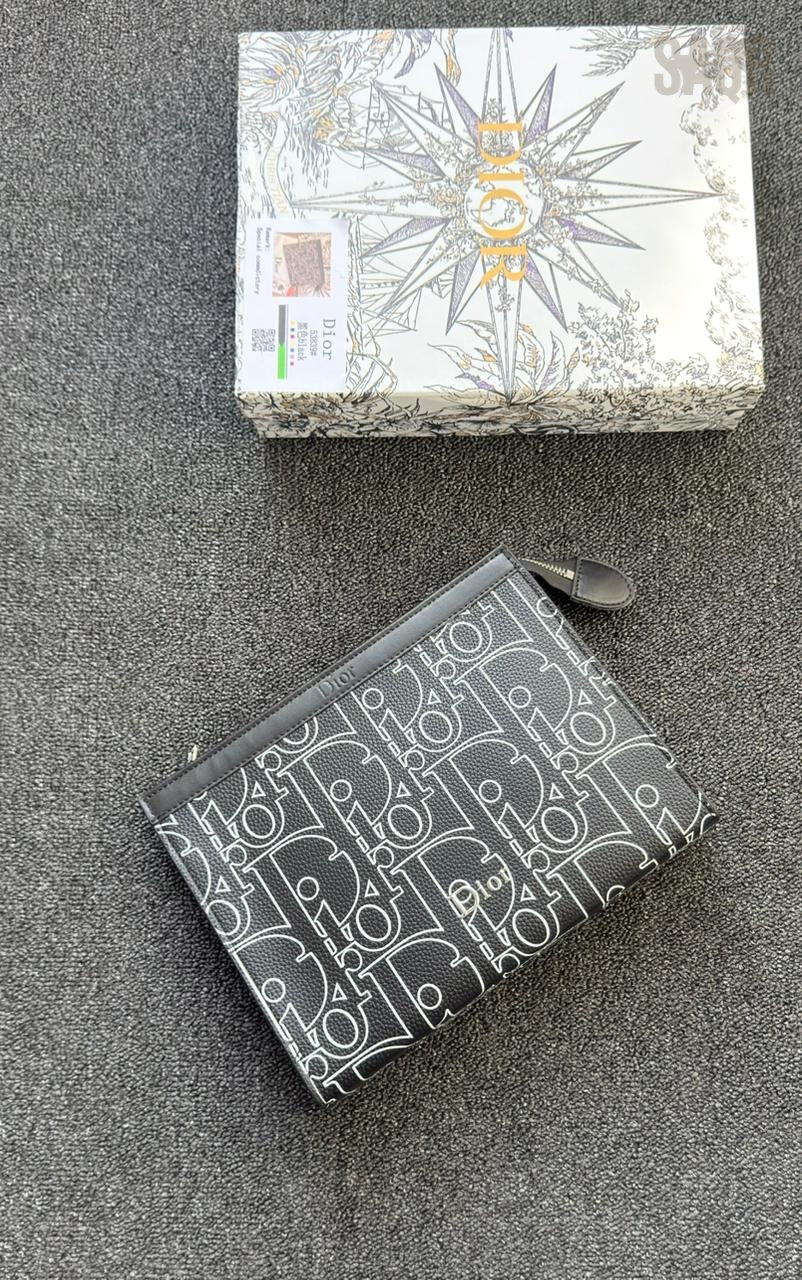 Dior | Maxi Oblique Grained Leather Pouch – Black / Silver – Product Image 1
