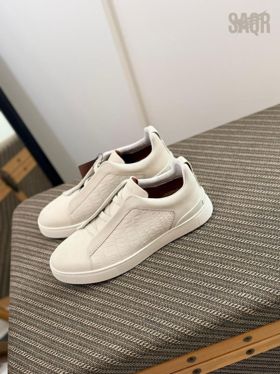 Zegna CrocoPanel Suede Slip-On Sneakers – Sand Beige Edition
