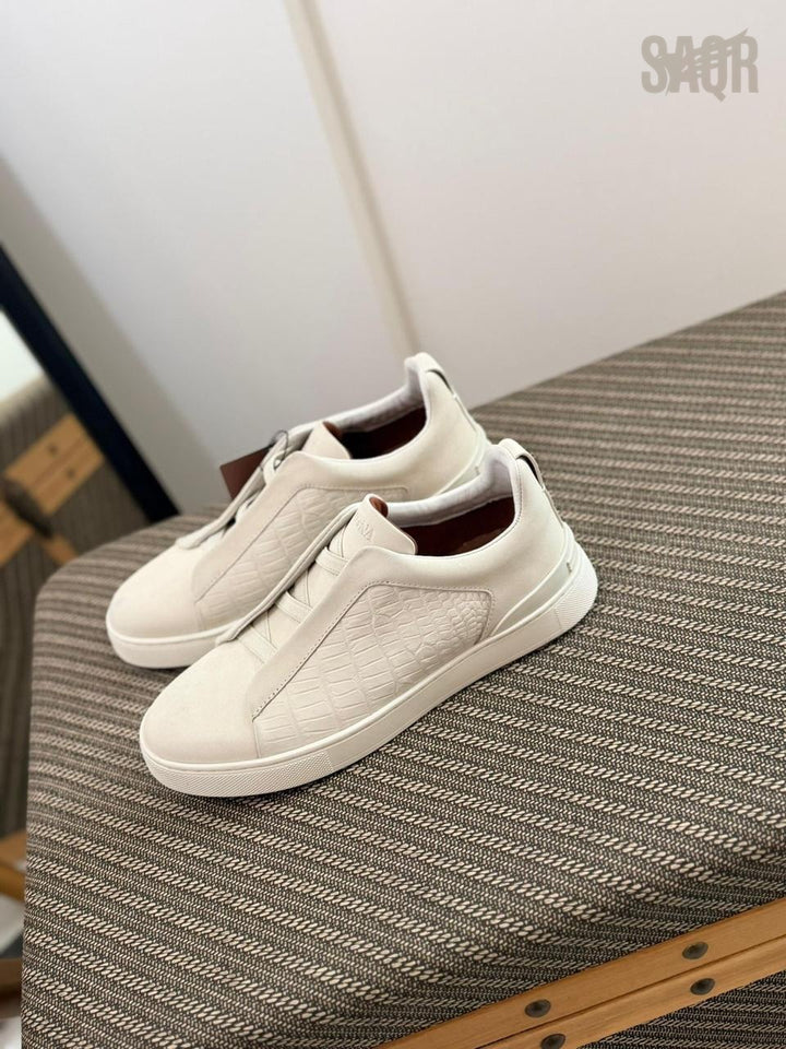 Zegna CrocoPanel Suede Slip-On Sneakers – Sand Beige Edition