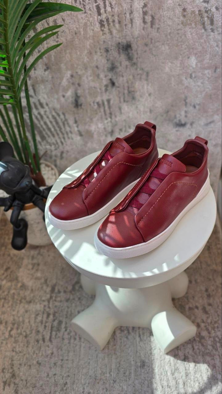 Zegna Leather Triple Stitch Burgundy Sneakers - View 5