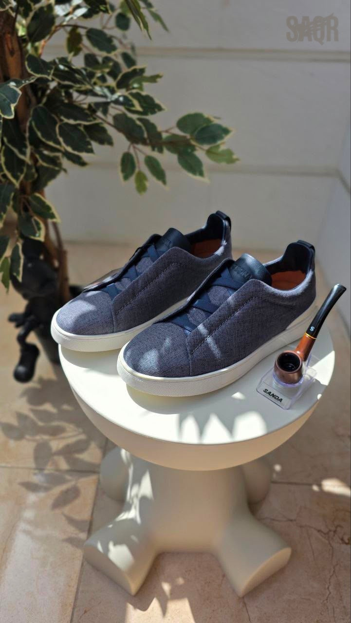 Zegna Triple Stitch Denim Blue Sneakers - View 5