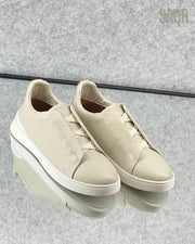Zegna Beige Leather Slip-On Sneakers