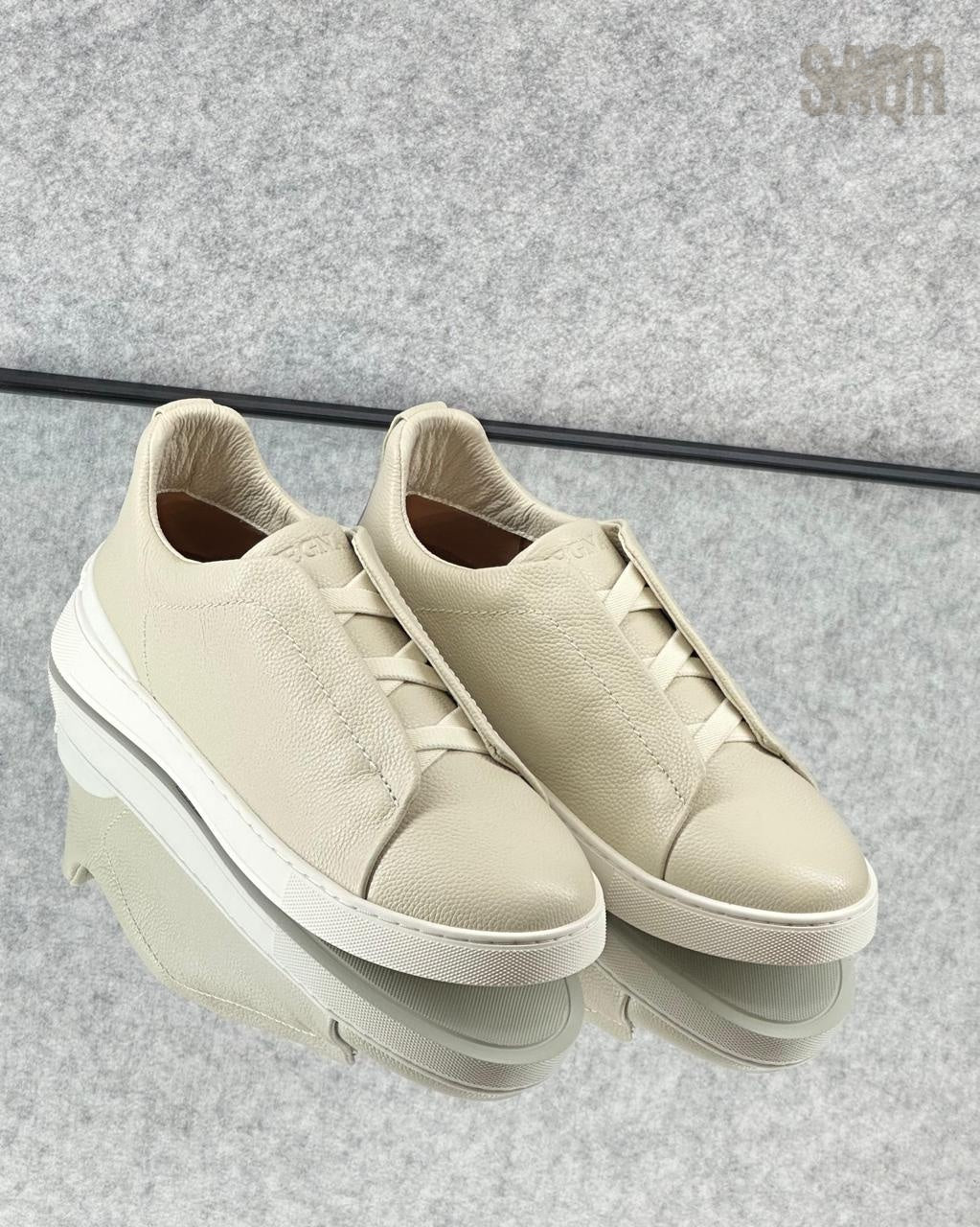Zegna Beige Leather Slip-On Sneakers