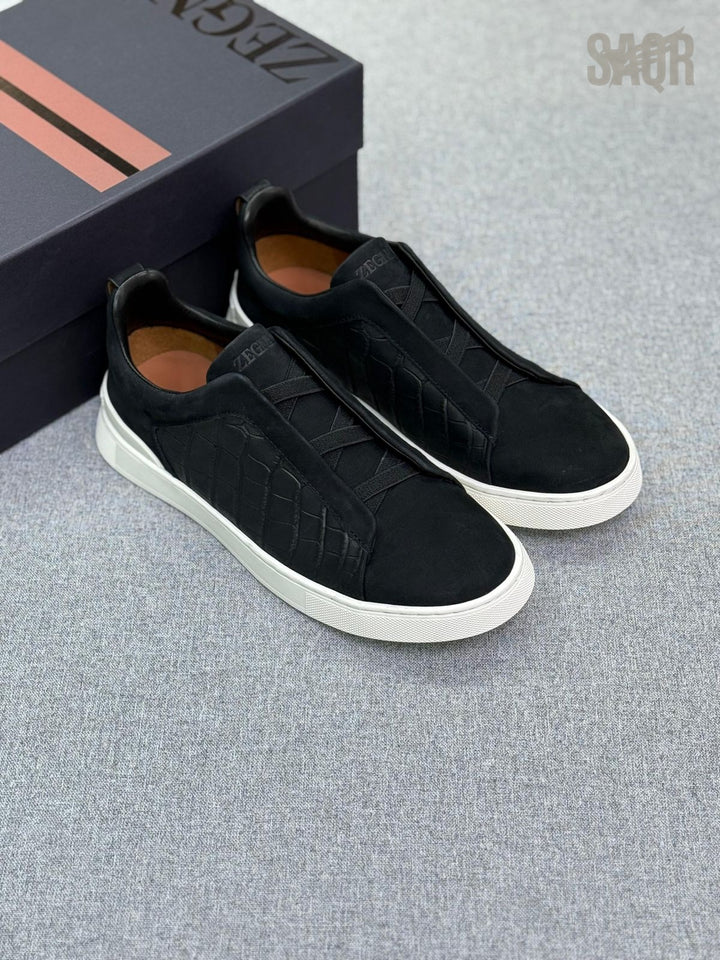 Zegna Croc-Embossed Leather Panel Sneakers
