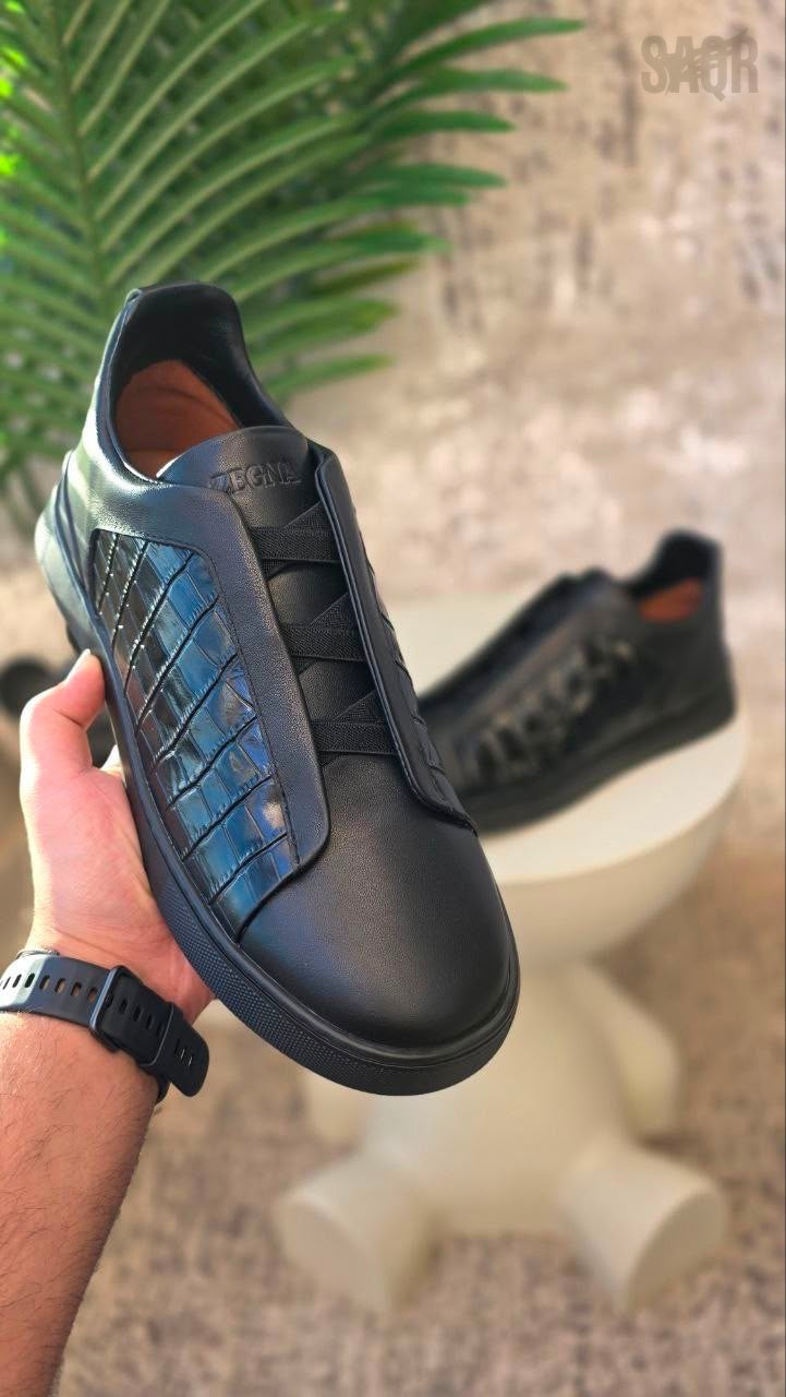Zegna Triple Stitch Crocodile-Panel Leather Sneakers – Black - View 5