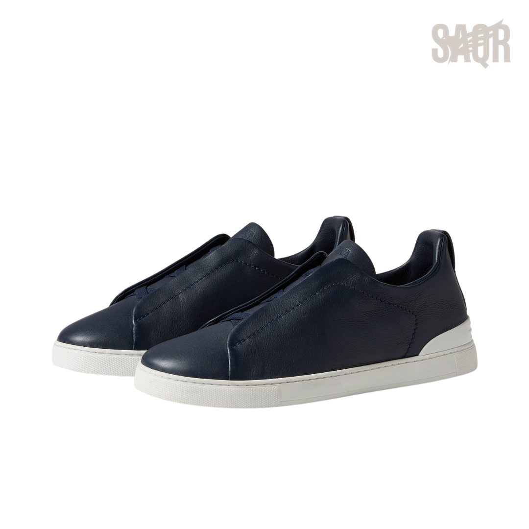 Zegna Triple Stitch Leather Slip-On Sneakers – Navy Blue - View 3