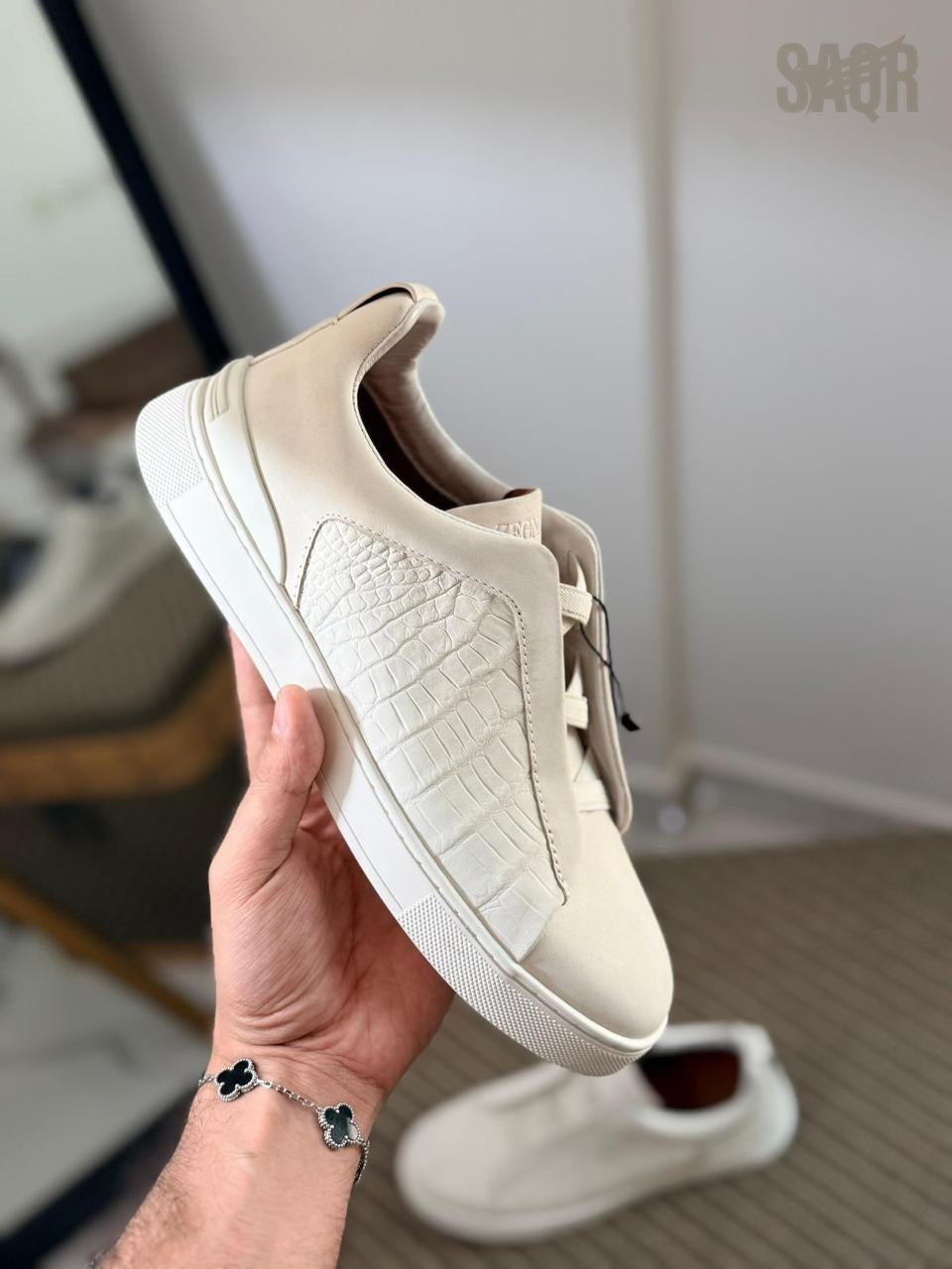 Zegna CrocoPanel Suede Slip-On Sneakers – Sand Beige Edition