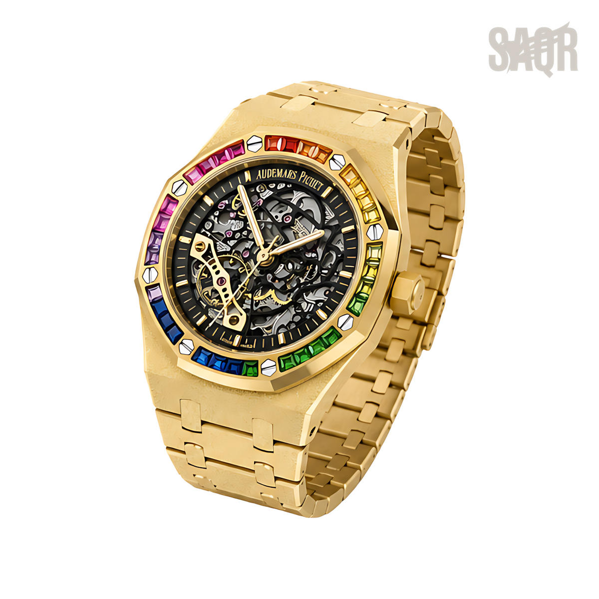 Audemars Piguet Rainbow Bezel Frosted Gold Skeleton Dial Gold Watch - image 2
