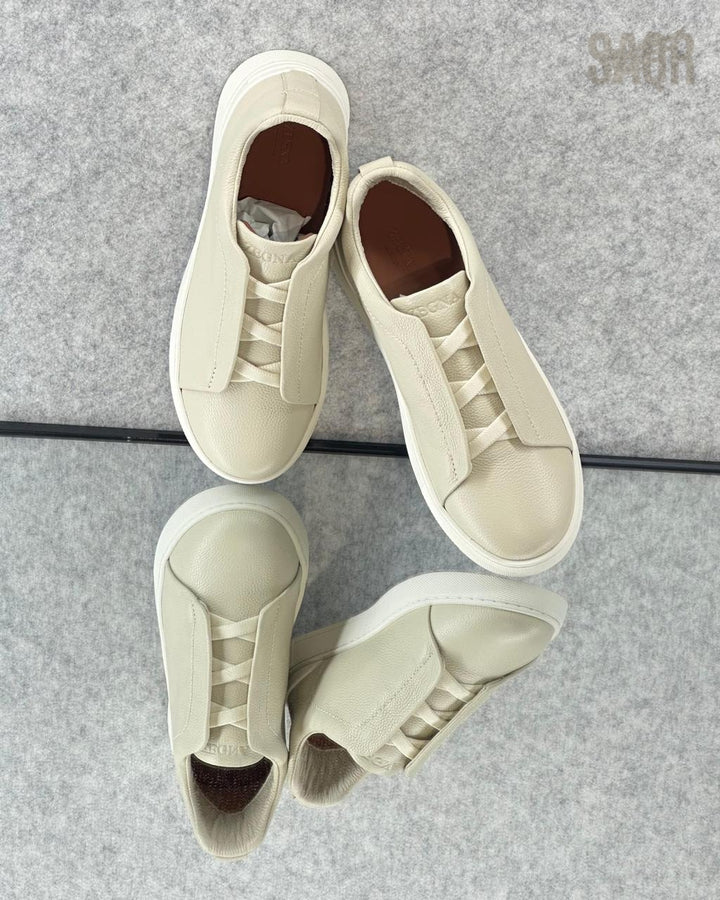 Zegna Beige Leather Slip-On Sneakers
