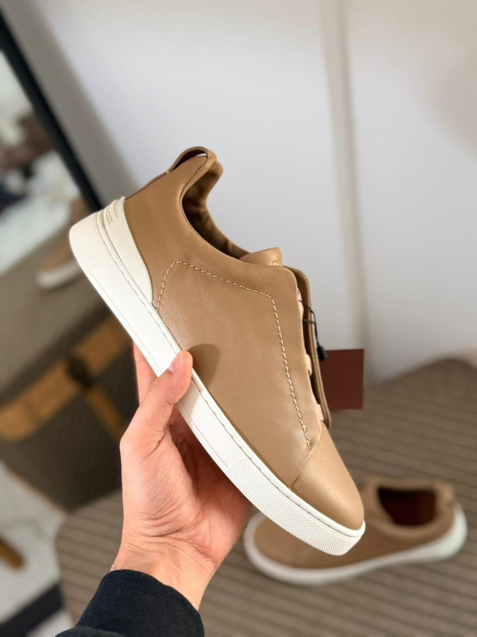 ZEGNA Triple Stitch™ Leather Slip-On Sneakers (Tan / Camel)