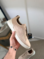 Zegna CrocoPanel Suede Slip-On Sneakers – Stone Grey Edition