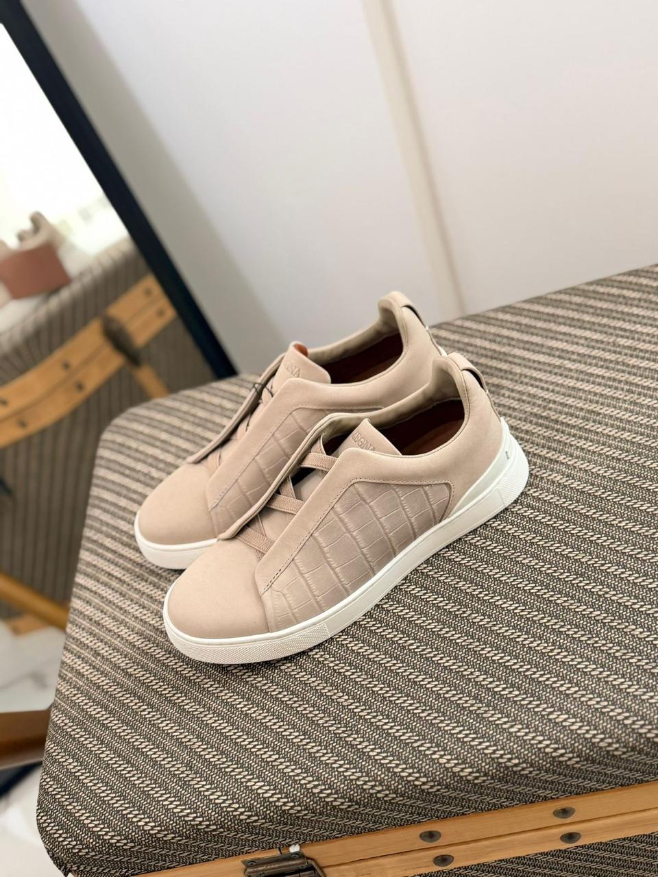 Zegna CrocoPanel Suede Slip-On Sneakers – Stone Grey Edition