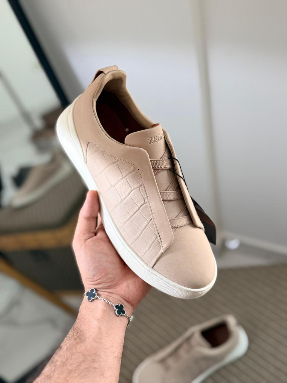 Zegna CrocoPanel Suede Slip-On Sneakers – Stone Grey Edition