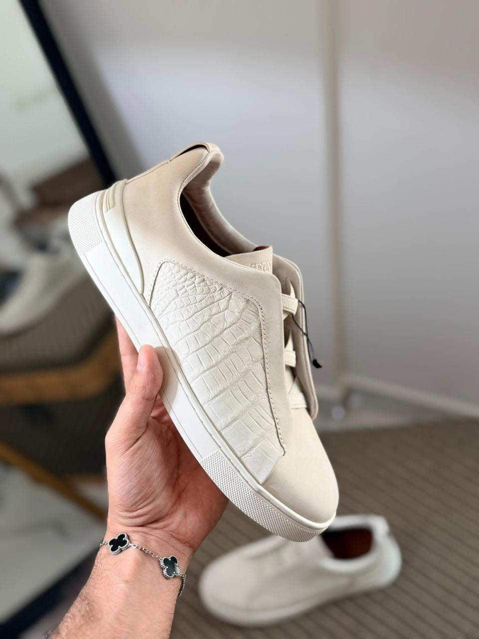 Zegna CrocoPanel Suede Slip-On Sneakers – Sand Beige Edition
