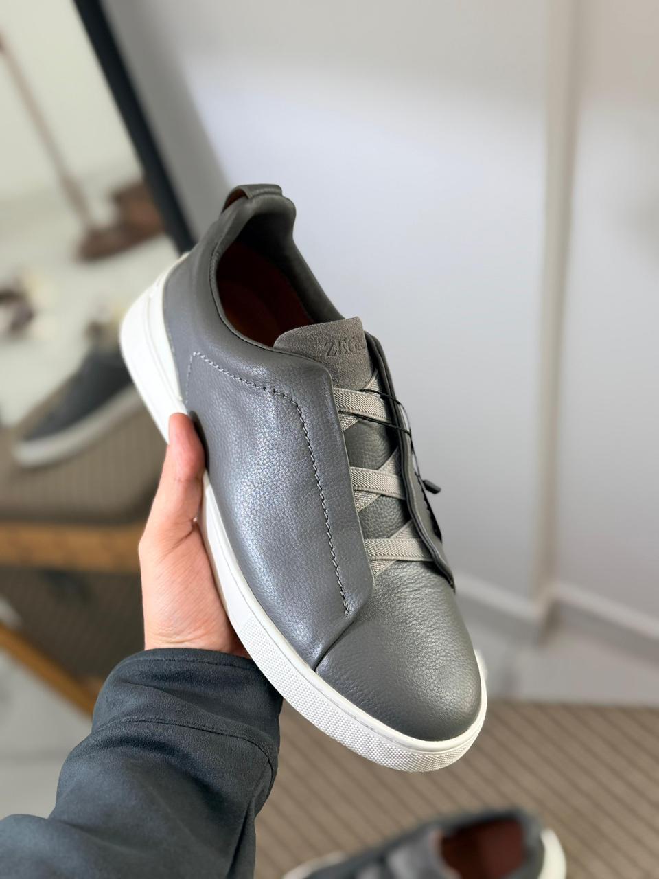 ZEGNA Triple Stitch™ Leather Sneakers – Slate Grey