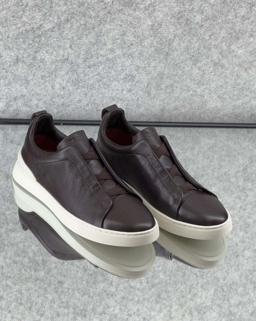 Zegna TerraFlex Smooth Leather Slip-On Sneakers – Mocha Brown Edition
