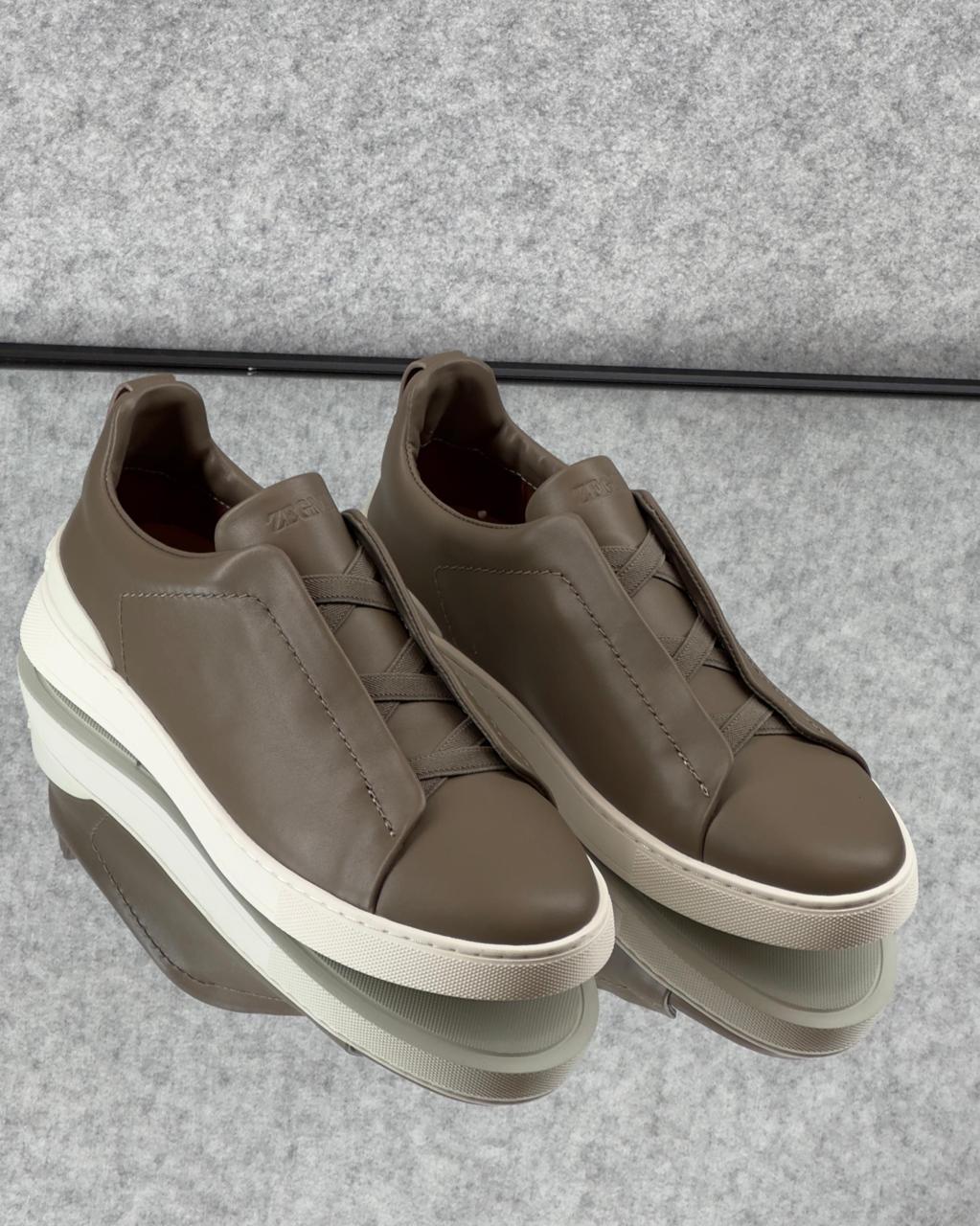 ZEGNA Triple Stitch™ Grey Leather Sneakers