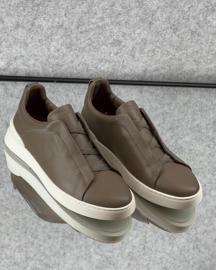 ZEGNA Triple Stitch™ Grey Leather Sneakers