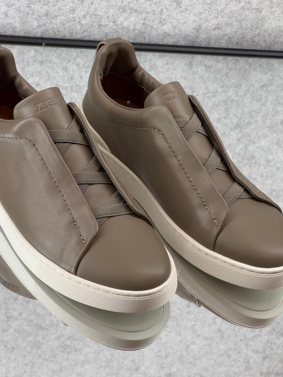 ZEGNA Triple Stitch™ Grey Leather Sneakers