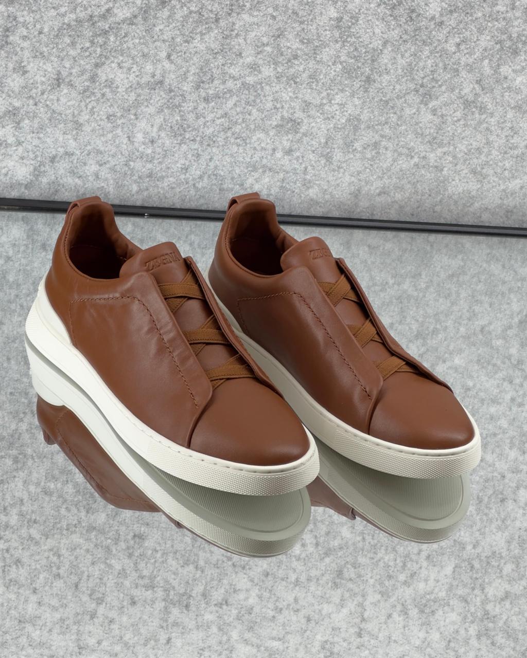 ZEGNA Triple Stitch™ Taupe Leather Sneakers