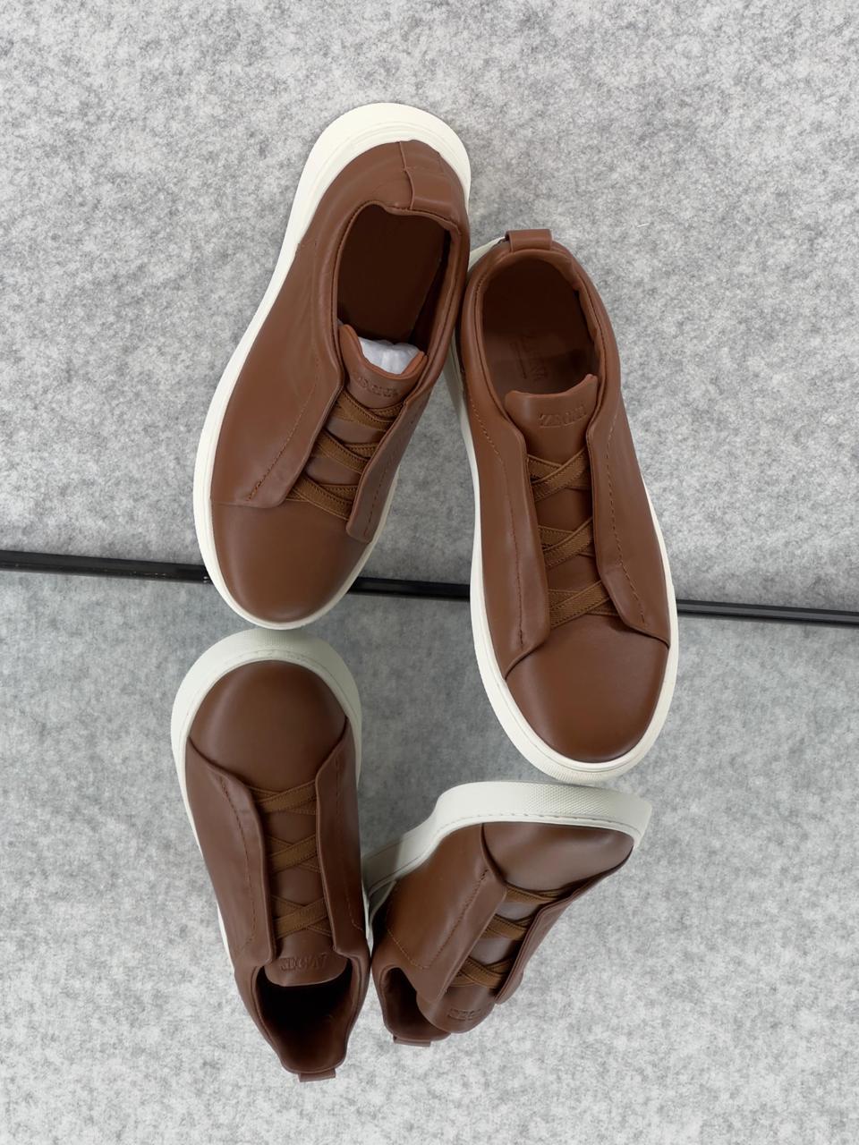 ZEGNA Triple Stitch™ Taupe Leather Sneakers