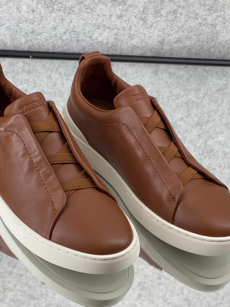 ZEGNA Triple Stitch™ Taupe Leather Sneakers