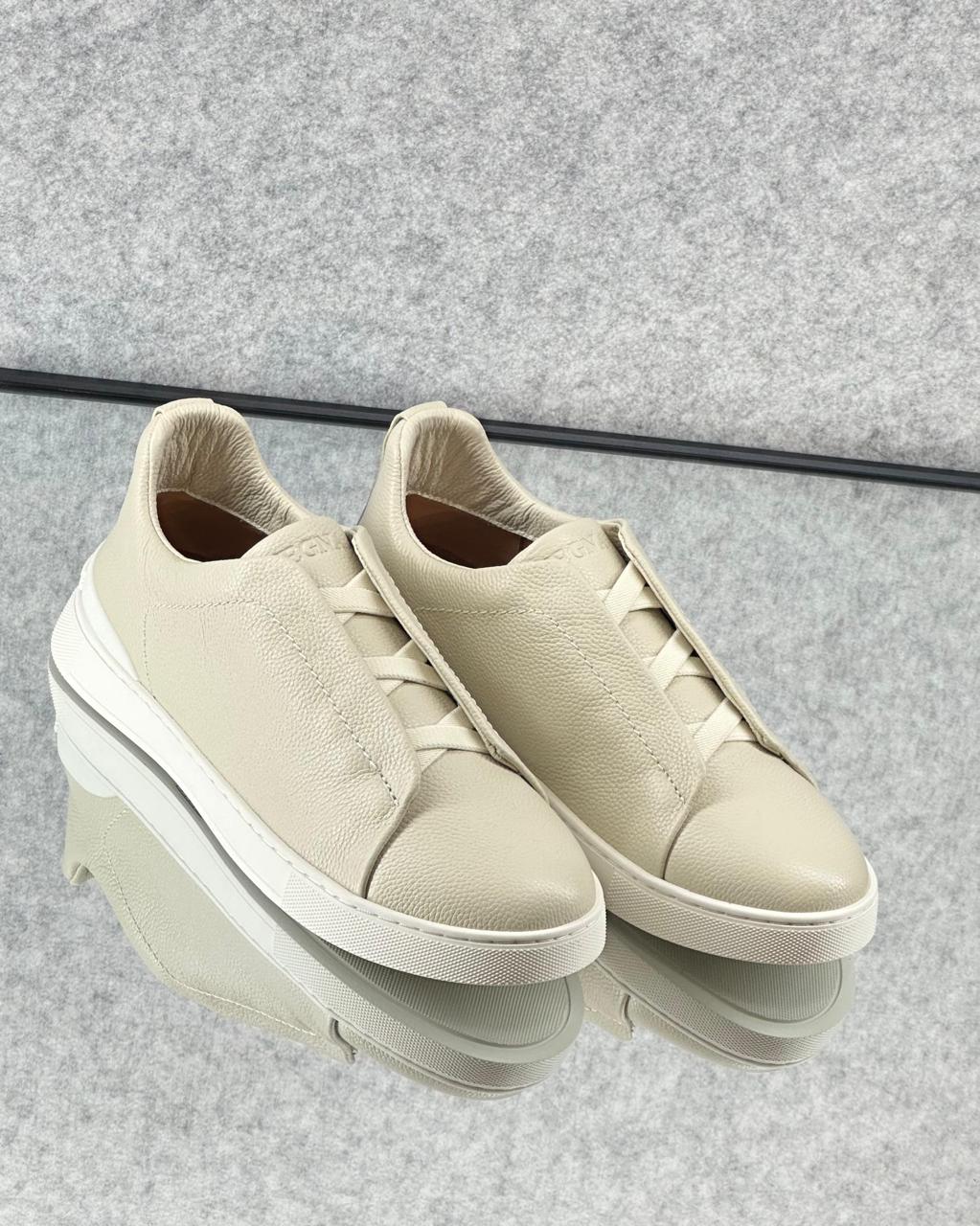 Zegna Beige Leather Slip-On Sneakers