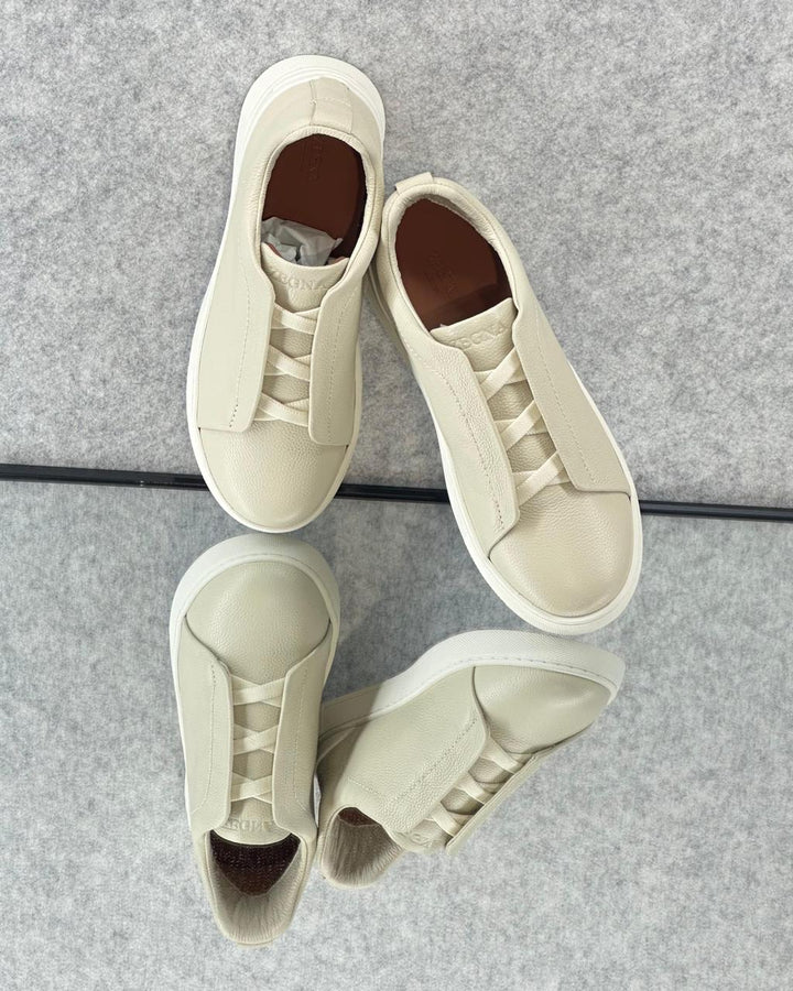 Zegna Beige Leather Slip-On Sneakers