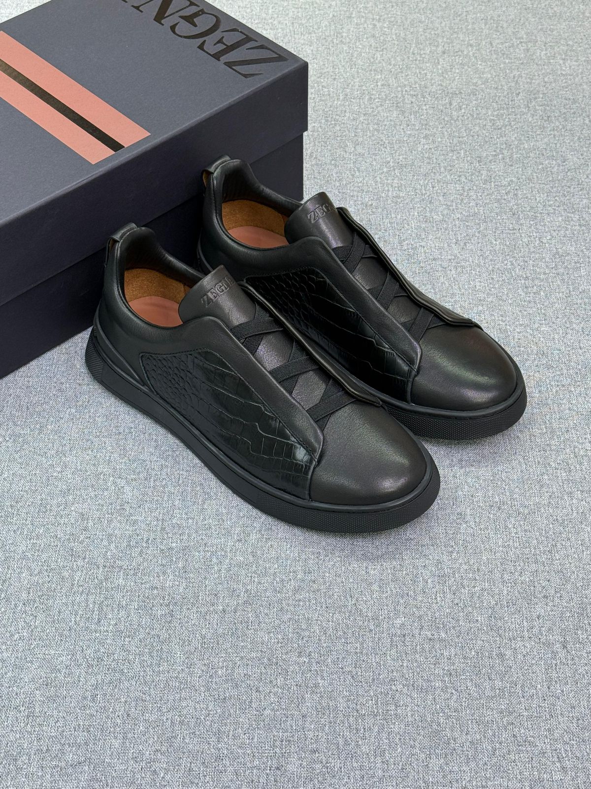 Zegna Croc-Embossed Suede Lace-Cover Sneakers
