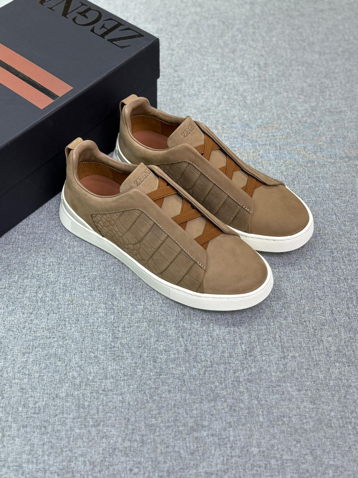 Zegna Croc-Embossed Suede Panel Sneakers