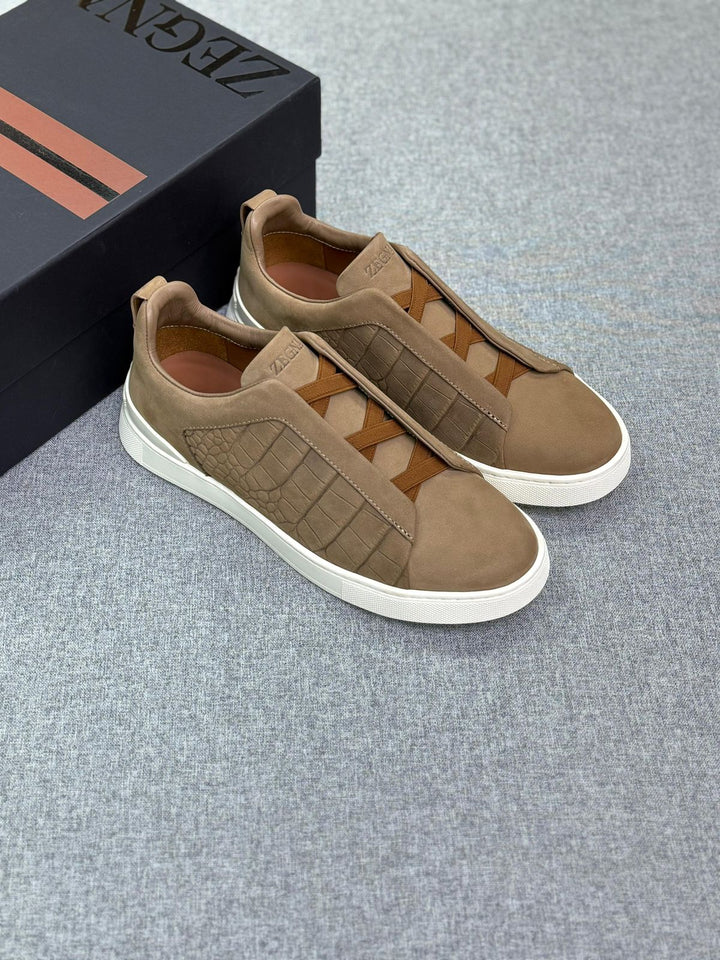 Zegna Croc-Embossed Suede Panel Sneakers