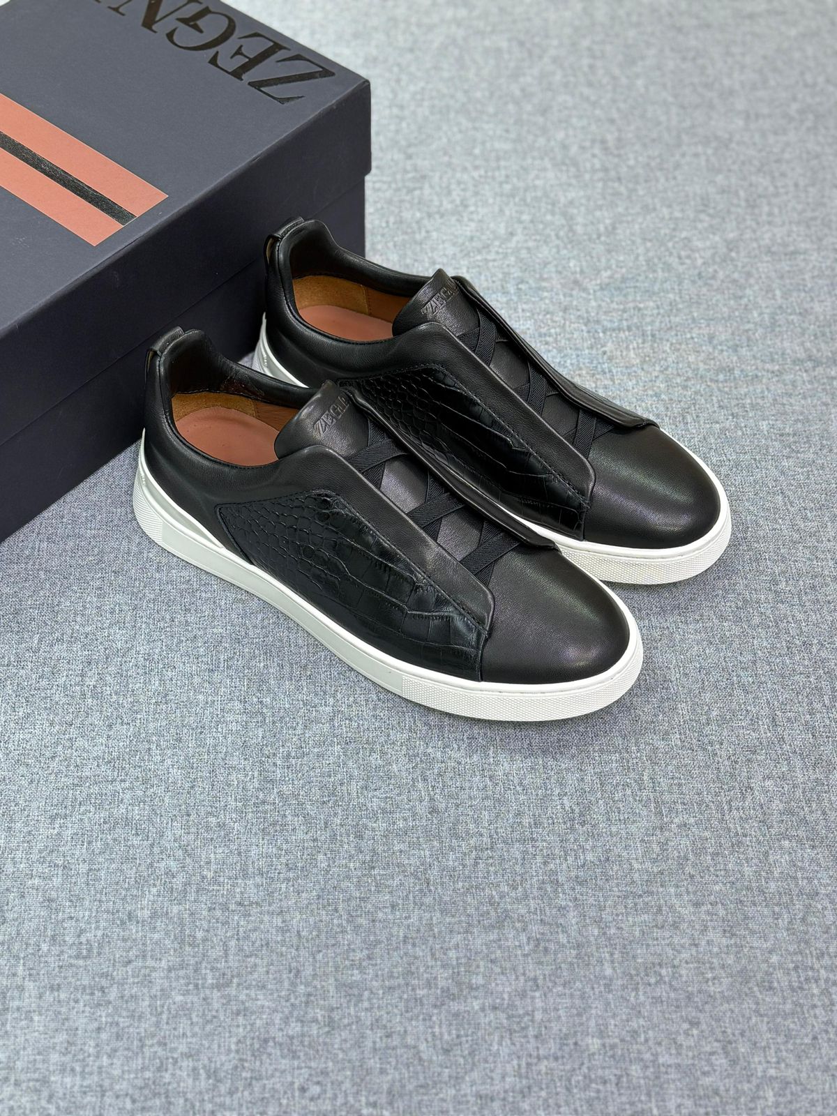 Zegna Croc-Embossed Lace-Panel Sneakers