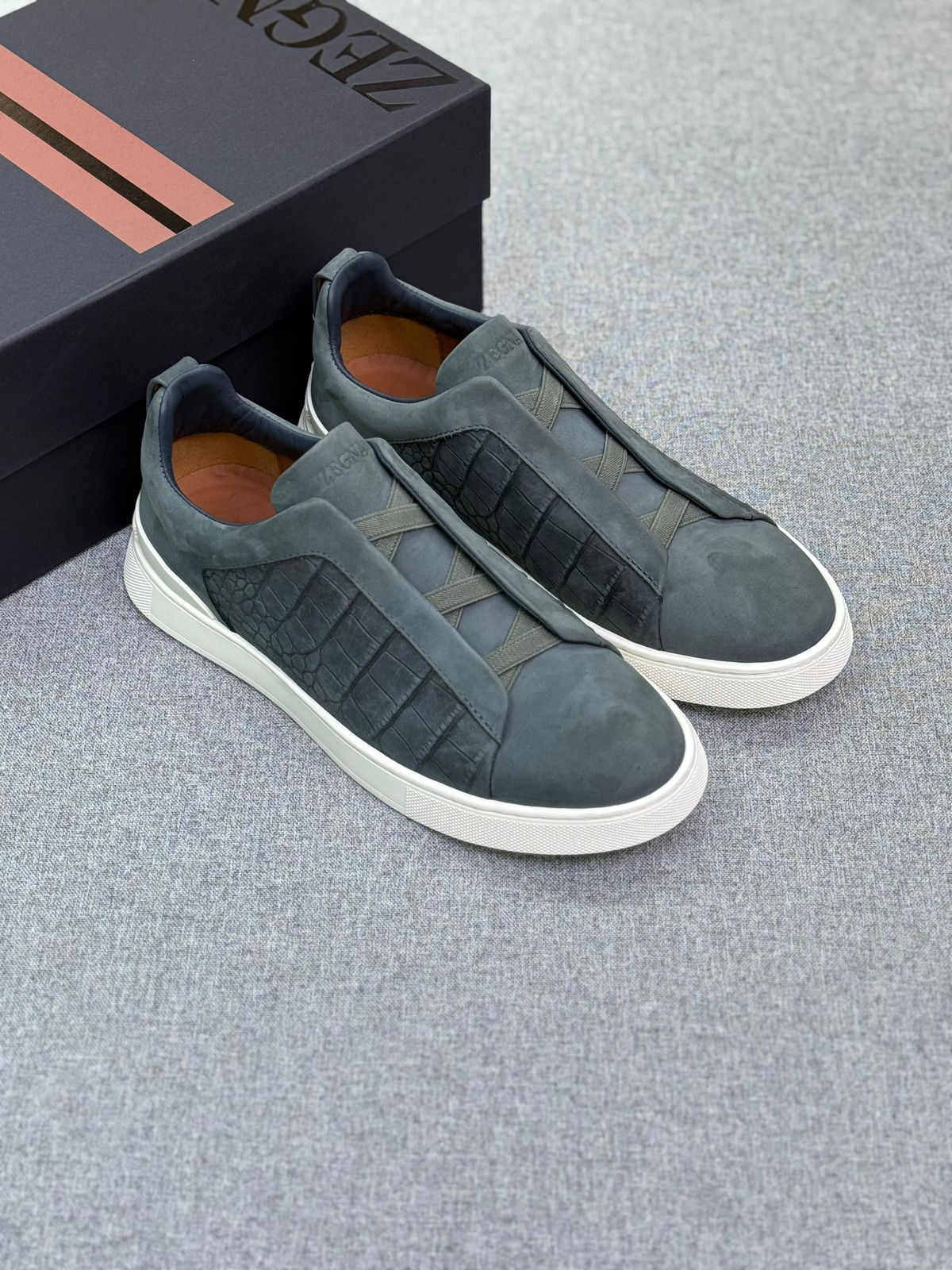 Zegna Navy Croc-Embossed Slip-On Sneakers